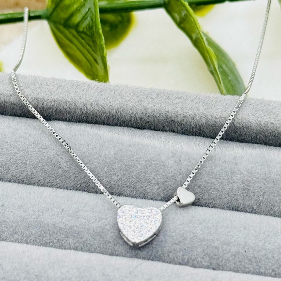 925 Sterling Silver Double Heart Pendent Necklace With Zirconia - Picture 11 of 12